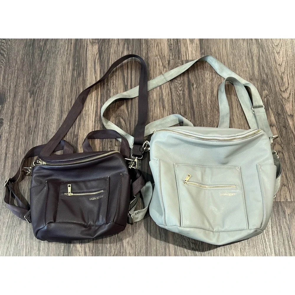 2 Fawn Design Large And Mini Backpack Messenger Diaper Bag Beige Vegan Leather
